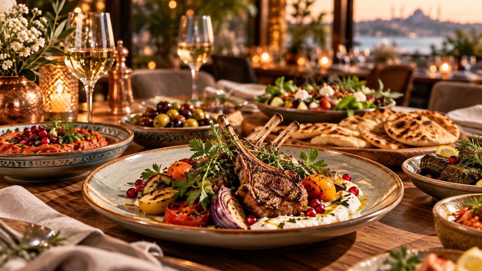 Beautifully presented Turkish cuisine with meze, fresh herbs and grilled lamb at a candlelit table